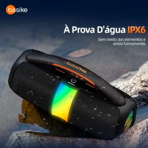 Caixa de Som Portátil Basike, Bluetooth 5.3, 60W, Subwoofer com RGB, Proteção IPX6, Preto - Ba-RAD124