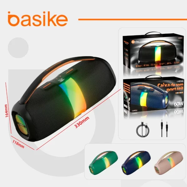 Caixa de Som Portátil Basike, Bluetooth 5.3, 60W, Subwoofer com RGB, Proteção IPX6, Preto - Ba-RAD124 - Imagem 3